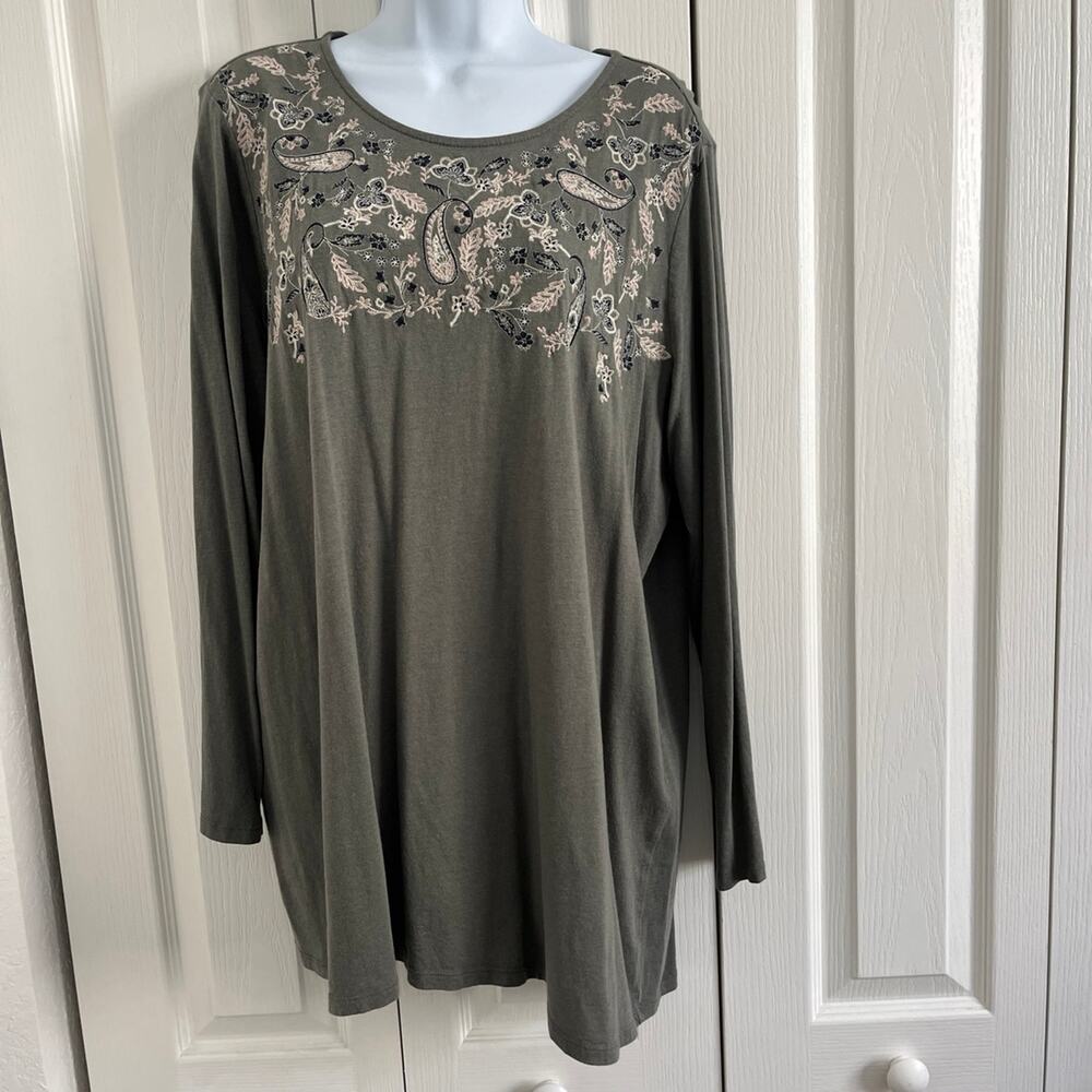 Tunic Top XL Gray Embroidered Yoke Long Sleeve Soft Knit Blouse  J. Jill Style